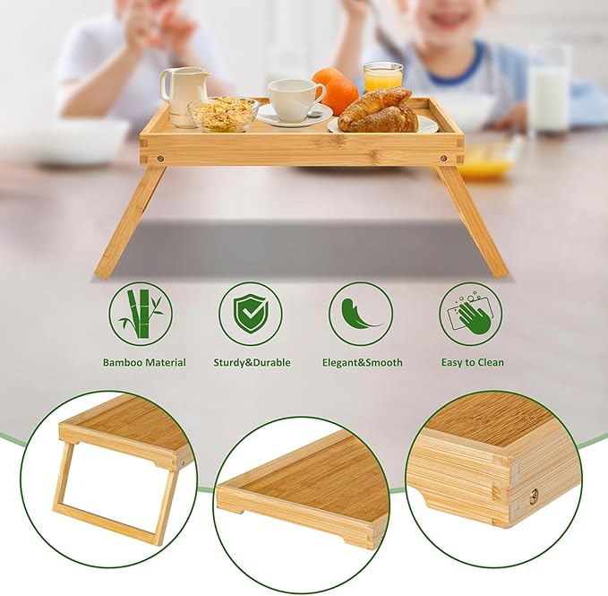 Bamboo Bed Tray Table with Foldable Legs, Breakfast Tray, Laptop Desk for Bed or Sofa,Serving,TV Table Kitchen, Eating,Working, Reading (Beige)