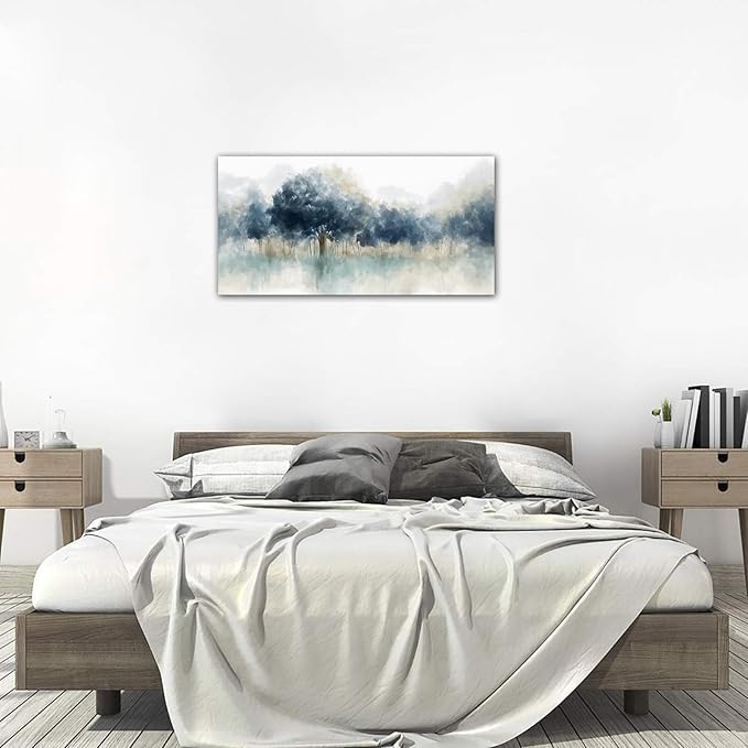 Foggy Forest Canvas Wall Art - Indigo Blue Abstract Trees Pictures for Wall Decor Nature Canvas Painting Modern Printing Artwork for Living Room Bedroom Home Office Wall Decoration 24" x 48"