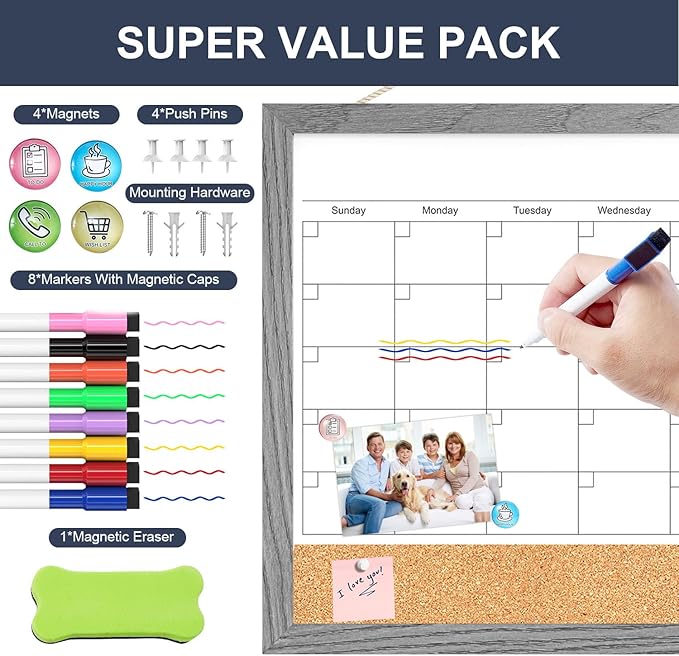 Calendar Whiteboard for Wall, 17x13 Inches Dry Erase Calendar Cork Board Combo, Magnetic Monthly White Board with Wood Framed, Hanging Dry Erase Board for Home Kitchen Office Planner Memo
