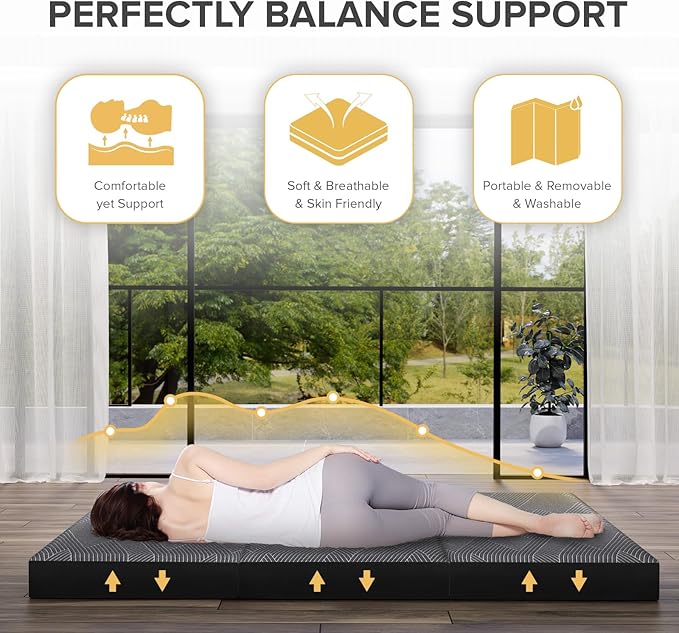 Vamcheer Tri Folding Mattress, 5 inch Twin Foldable Mattress, Tri-fold Memory Foam Mat with a Collapsible and Washable Cover, Handle & Non-Slip Bottom for Travel/Guest, 75"x38"x5", Grey