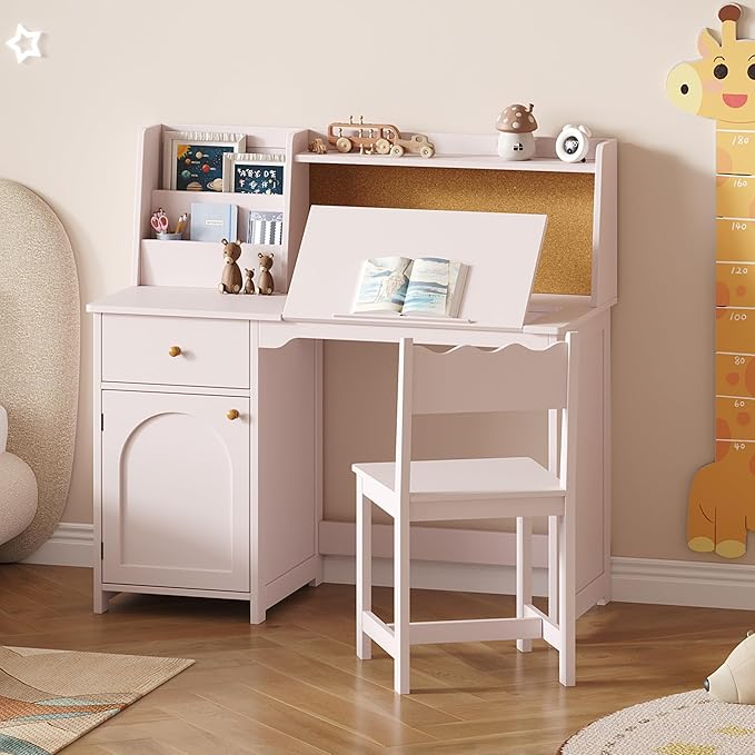 Treocho Kids Study Desk and Chair Set, Kids Desks with Hutch and Tiltable Desktop for 5-12 Years Old, Wooden Children Study Table with Fabric Drawer, Student Writing Desk Bedroom, Home School, Pink