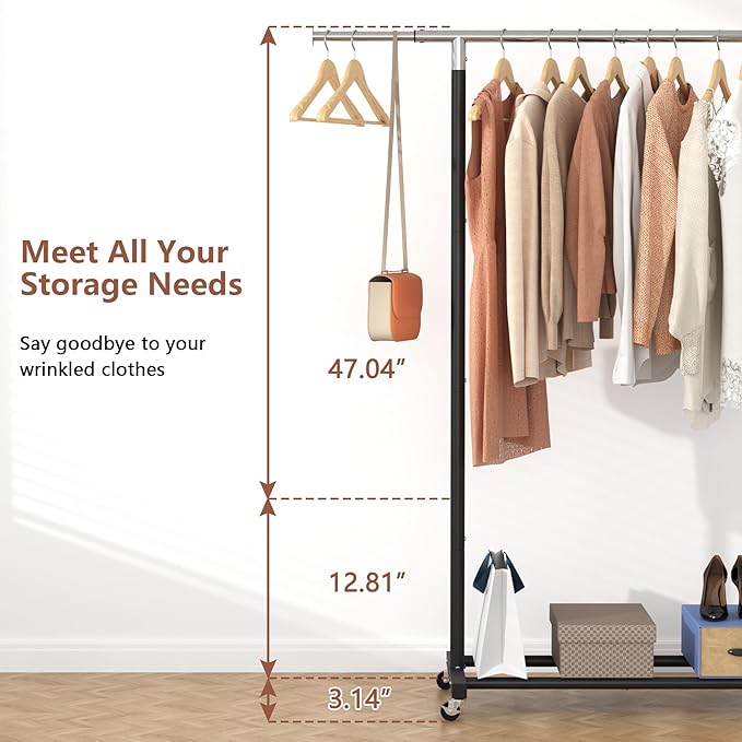 JIUYOTREE Rolling Clothes Rack with Shelf Expandable Clothing Garment Rack with Wheels Width Adjustable Clothing Organizer for Hanging Clothes Shirts Pants Skirts and Bags Black