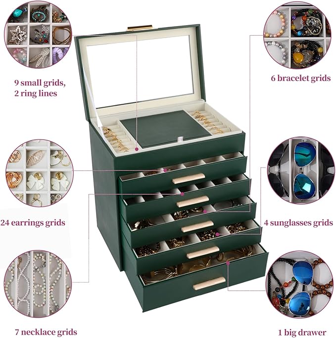 BOOVO Jewelry Box for Women, Green 6 Layer Large Jewelry Organizer with Glass Lid for Necklace, Bracelet, Earrings Storage, Jewelry Organizers and Storage for Girls Gift (Green and Gold, 6 layer)