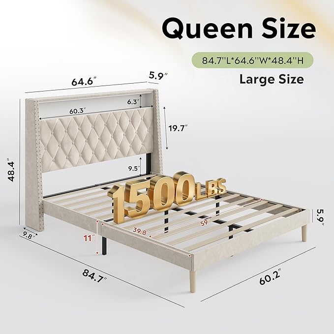 WLIVE Queen Size Upholstered Bed Frame with Storage Headboard, Velvet Square Tufted Platform Bed with Charging Station, Sturdy Metal & Wooden Slats Support, No Box Spring Needed, Beige