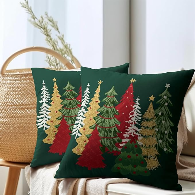 Kawani Christmas Green Decorative Pillow Covers 24x24 Inch Set of 2 Christmas Tree Outdoor Throw Pillow Covers Winter Xmas Holiday Pillowcases Cushion Covers for Home Couch Christmas Decor