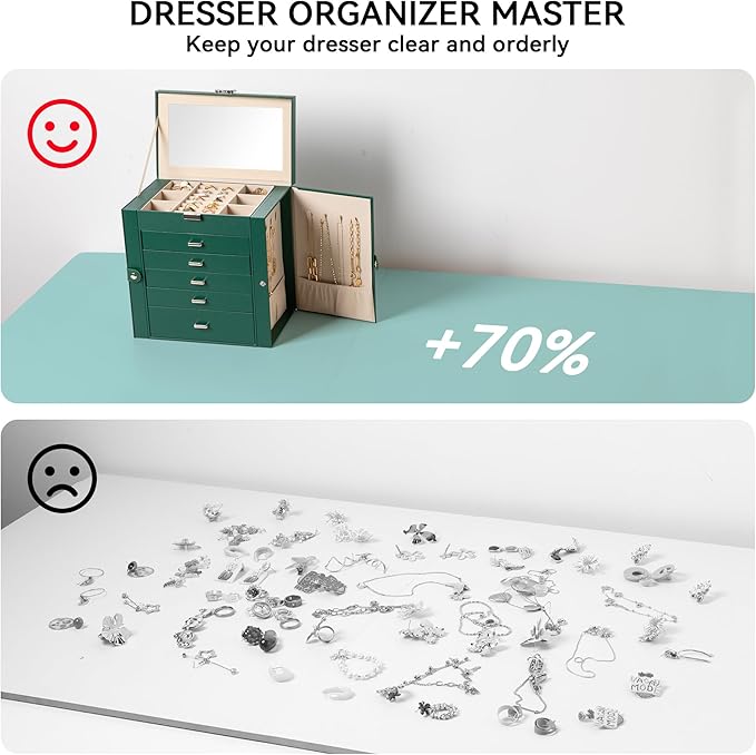 Frebeauty Large Jewelry Box,6-Tier PU Leather Jewelry Organizer,Multi-functional Storage Case with Mirror,Accessories Holder with 5 Drawers for Necklace Bracelets Watches(Blackish Green)