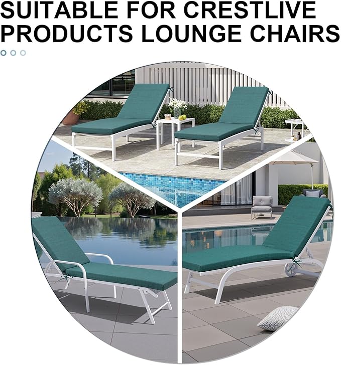 Crestlive Products Chaise Lounge Cushions Outdoor Set of 2, Lounge Chair Cushions for Patio Furniture, Waterproof Lounger Cushions for Pool, Deck, Lawn, 80''L x 23''W x 3''T, Malachite