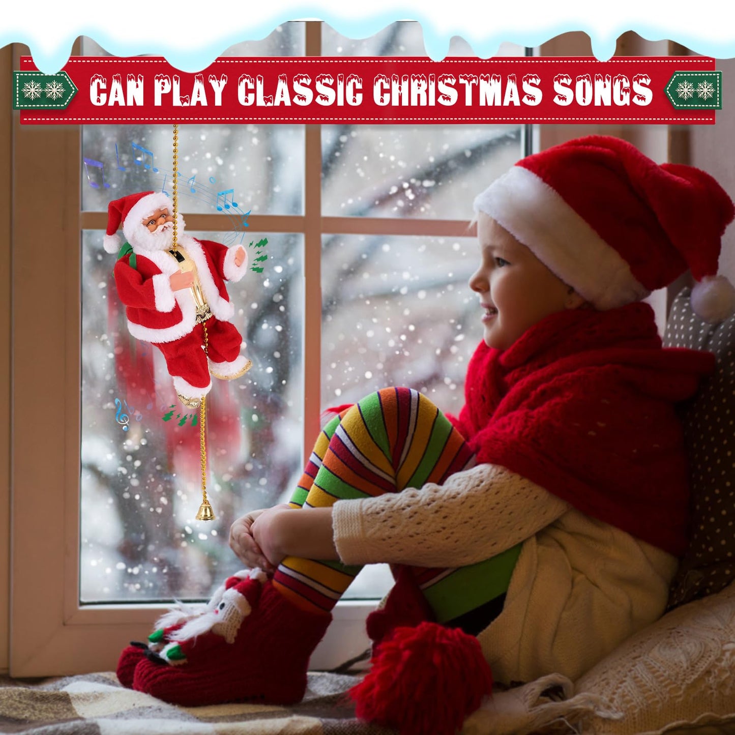 Gfilay 2025 Upgraded Climbing Santa with Music, Animated Electric Santa Claus on Rope, Musical Christmas Tree Ornament, Battery Operated Holiday Decoration Gift