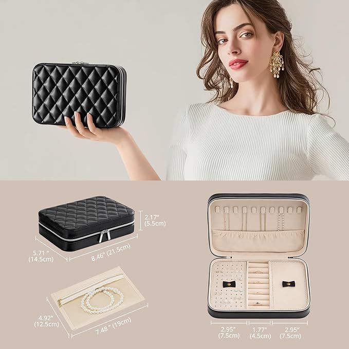 Lolalet Travel Jewelry Case for Women, Travel Jewelry Organizer Box with Mirror & Clear Storage Bag, Small Portable Traveling Earring Necklace Bracelet Ring Case, Bridesmaid Gifts -Medium, Black