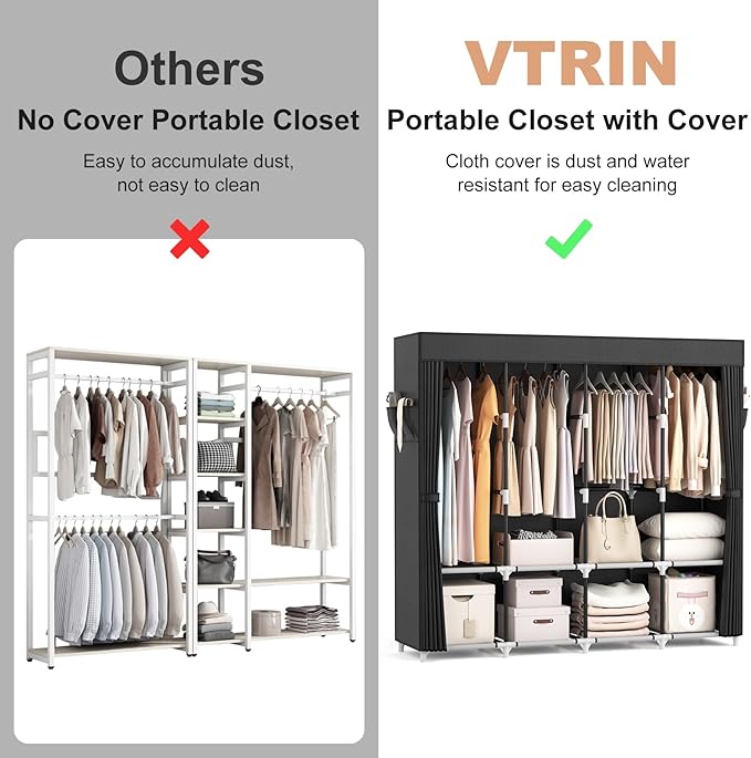 VTRIN Portable Closet for Hanging Clothes 67 Inch Wide Large Capacity Portable Wardrobe Closet with Cover, 4 Storage Shelves and 4 Hanging Rod Sturdy Free Standing Closet for Bedroom, Black