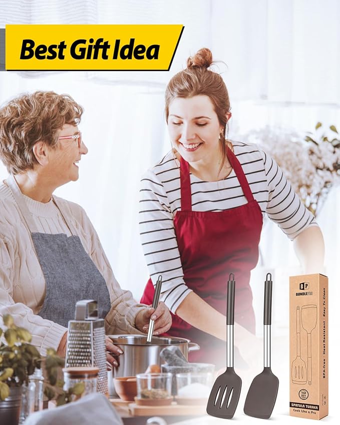 Pack of 2 Silicone Solid Turner, Non Stick Slotted Kitchen Spatulas, High Heat Resistant BPA Free Cooking Utensils, Ideal Cookware for Fish, Eggs, Pancakes(Chocolate)