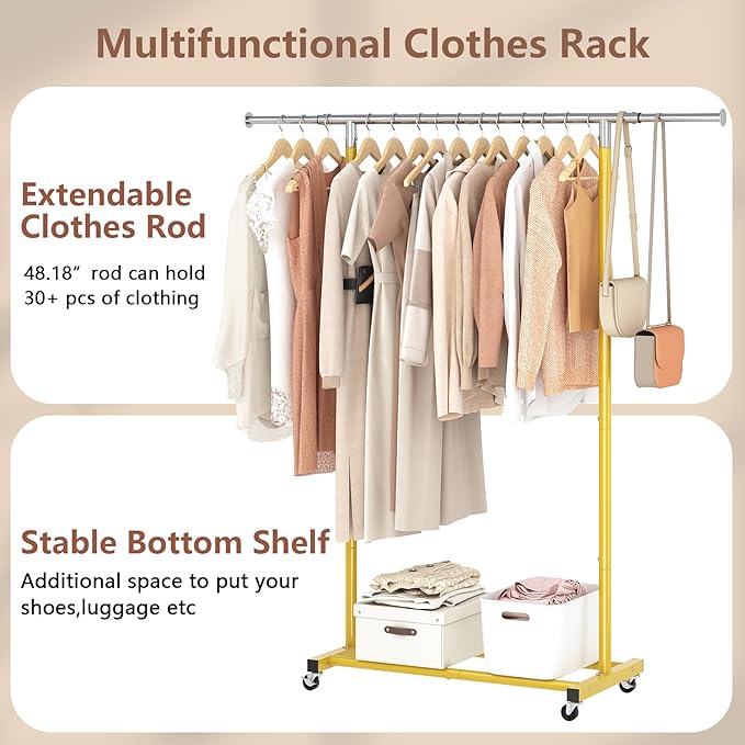 JIUYOTREE Rolling Clothes Rack with Shelf Clothing Garment Rack with Wheels Width Adjustable Clothing Organizer for Hanging Clothes Shirts Pants Skirts and Bags Gold