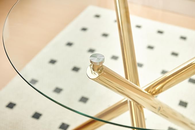 Round Glass Dining Table, Tempered Glass Tabletop and Metal Legs, Modern Style Glass Kitchen Table for Home, Kitchen, Dining Room (Gold, 36'' Round Table)