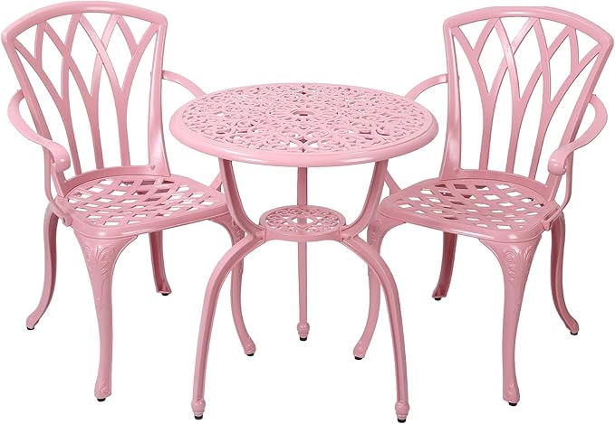 3-Piece Cast Aluminum Patio Bistro Set, Outdoor Rust-Resistant Furniture with 2 Chairs and Table (Pink)