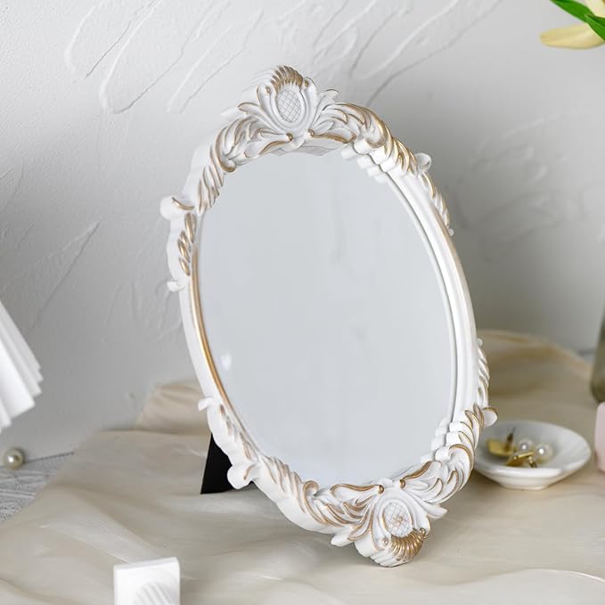 Vintage Vanity Makeup Mirror,Decorative Baroque Table Standing Mirror (White)