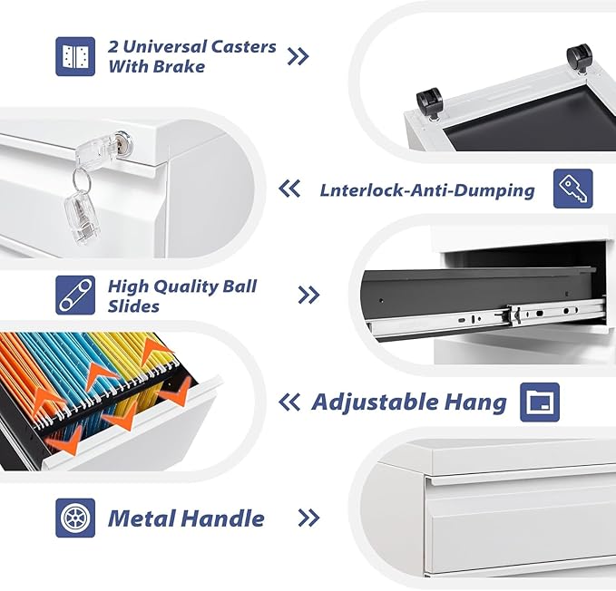 3 Drawer File Cabinet with Lock,Mobile Filing Cabinets,Metal Small Rolling File Cabinet,Under Desk Office Drawers for Legal/Letter/A4 File, Assembly Required,White