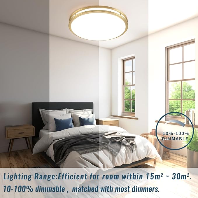 24 inch Gold Ceiling Light Fixture 48W, LED Dimmable Close to Ceiling Light Fixture 5CCT, Modern Flush Mount Ceiling Light for Living Room, Bedroom, Bathroom, Kitchen