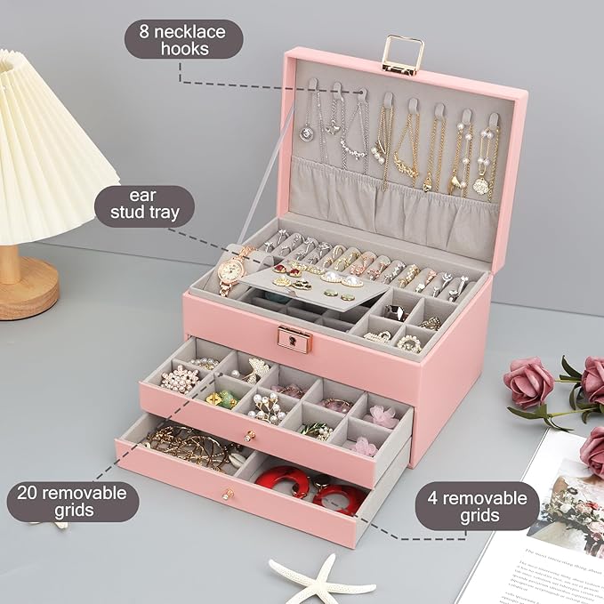 DesignSter Jewelry Box, Jewelry Organizer with 2 Drawers, 3 Layers Leather Jewelry Storage Box with Lock, Jewelry Storage Case for Necklaces Earrings Bracelets and Rings（Pink）