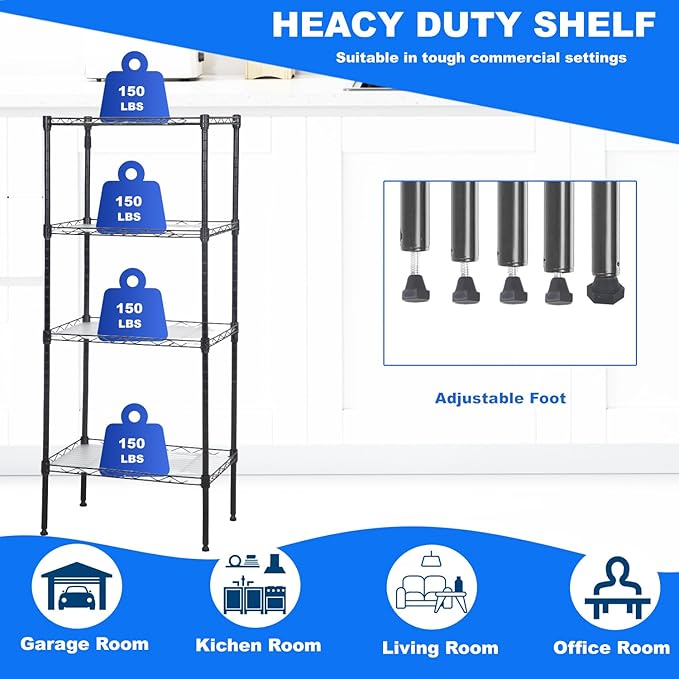 PayLessHere Metal Shelving Storage Shelves Garage Shelving 4-Tier Adjustable Shelf 600 lbs Total Bearing Capacity Multi-Functional Durable Easy Assembly, Black