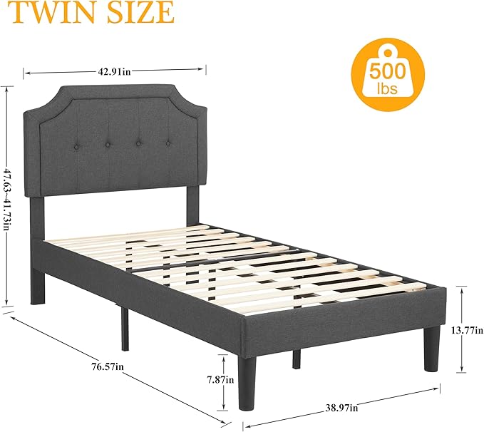 VECELO Twin Upholstered Platform Bed Frame with Adjustable Button Stitched Panel Headboard,Strong Wood Slat Support,Velcro Design,Mattress Foundation/Easy Assembly,Grey