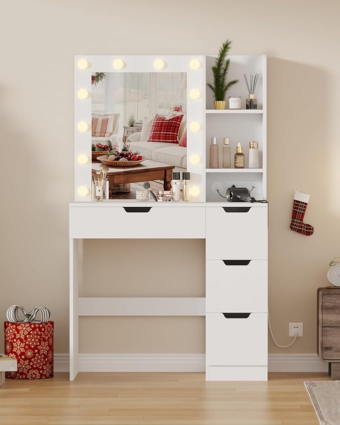 Garvee Vanity Desk with Mirror and Lights - Makeup Vanity Desk with 4 Drawers, Built-in Power Outlet & USB, Adjustable LED Lighting, Makeup Table for Bedroom