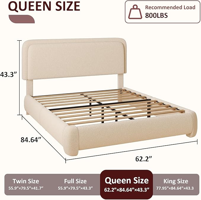 Queen Boucle Platform Bed Frame with Height Adjustable Headboard, Modern Upholstered Cloud Bed, Sleek Curved Design, No Box Spring Needed, Noise Free, Easy Assembly, Beige