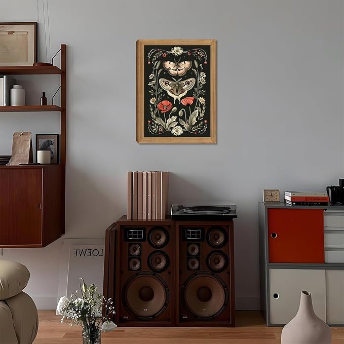 AKWISH Vintage Framed Wall Art - 3D Textured Classical Style Moth Pictures Wall Decor - Hand Drawn Flowers Nature Art Painting for Living Room Bedroom Home Decor 16x24in