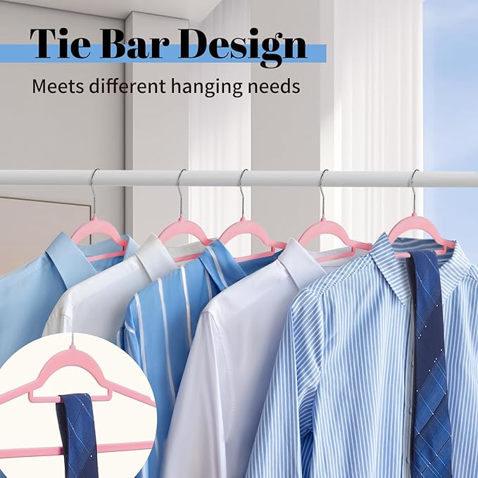 Smartor Pink Velvet Hangers 60 Pack, Space Saving Clothes Hangers with Tie Bar, Non-Slip Felt Hangers with Shoulder Notches, Heavy Duty Suit Hangers for Coat, Shirt, Pants, Dress