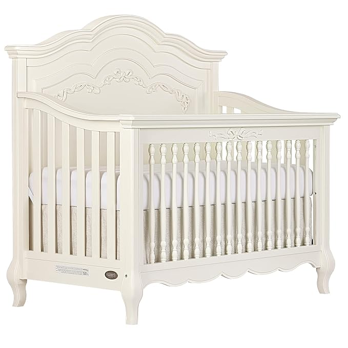 évolur Aurora 5-in-1 Convertible Full-Size Baby Crib in Ivory Lace, GreenGuard Gold & JPMA, 3 Mattress HeightsRibbon Bow Scrollwork & Queen Anne Feet, Converts to Toddler, Day & Full-Size Bed
