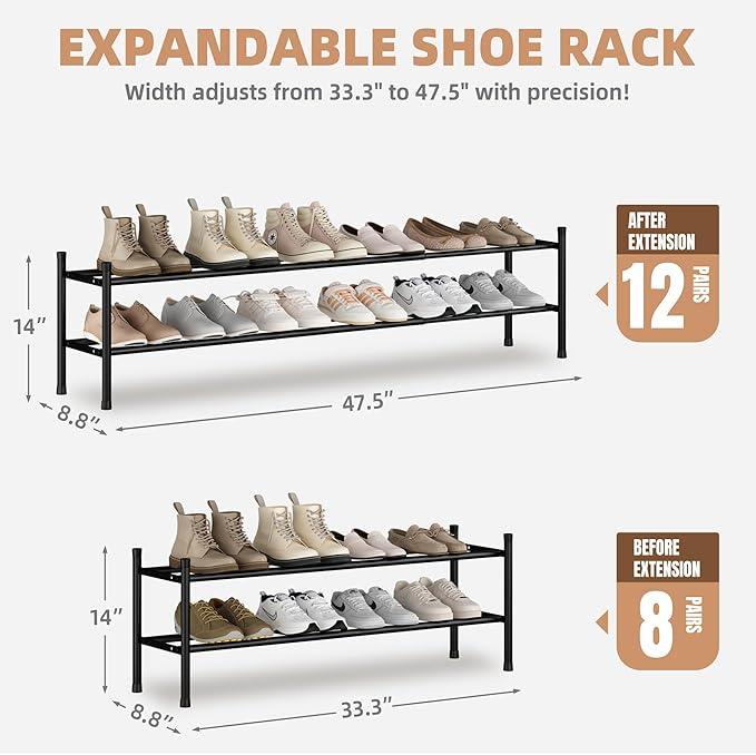 STORAGE MANIAC Long Expandable Shoe Rack, 12 Pairs Metal Wide Stackable Shoe Rack, Adjustable Shoes Shelf, Freestanding Shoes Organizer for Closet, Entryway, Hallway, Garage, Front Door, 2 Tiers