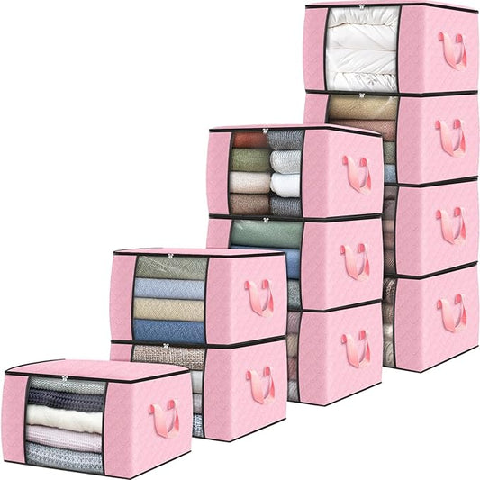 Fab totes 10 Pack Clothes Storage, Foldable Thick Fabric Blanket Storage Bags, Containers for Organizing Bedroom, Closet, Clothing, Comforter,Organization with Handle,Pink