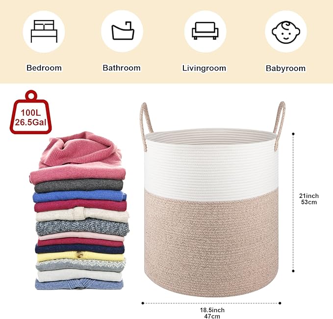 OIAHOMY 100L Laundry Hamper, Dirty Clothes Hamper for Bedroom, Collapsible Laundry Basket, Large Blanket Basket, Nursery Hamper with Handle, Blanket Storage for Living Room-18.5x21inches-Brown&White