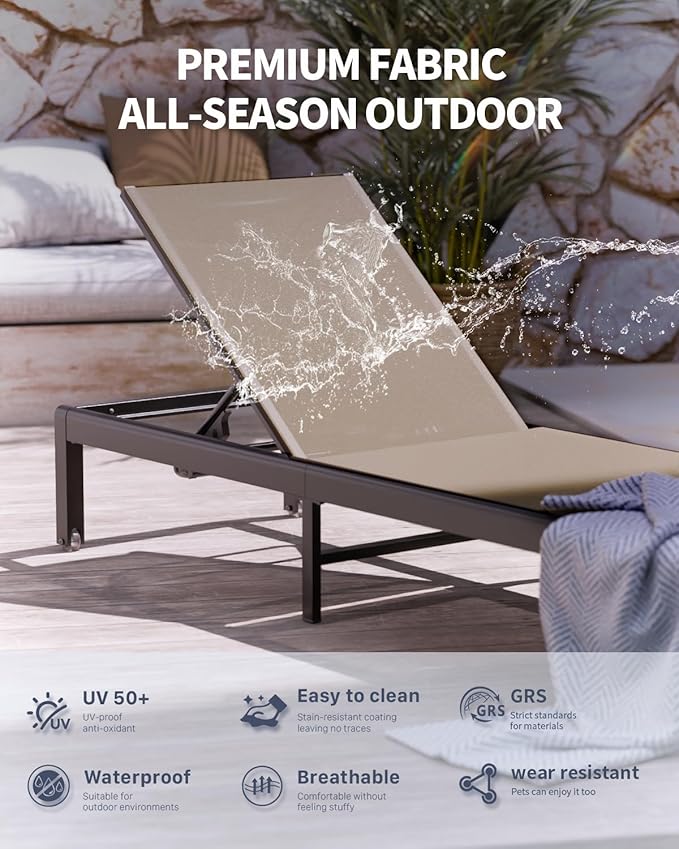 Aluminum Lounge Chairs Outdoor Chaise Furniture,2 Sets Patio Metal Deck Lounger Adjustable 5-Position Poolside Chase Recliner with Wheels for Beach,Coffee Table, (Khaki, 1 Chair)