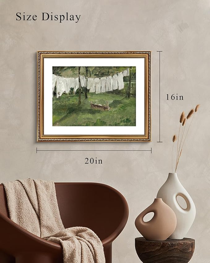 VIYYIEA Gold Framed Wall Art Canvas Print Home Decor Vintage Laundry Room Art Prints Antique Country Oil Painting Green Landscape Wall Decor Bathroom Art Wall Pictures for Living Room Bedroom 16x20in
