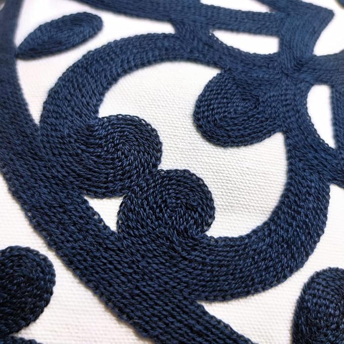 Alysheer Embroidered Lumbar Decorative Throw Pillow Cover 12"x 20", Classic Boho Mandala Embroidery Pattern Cotton Rectangular Cushion Case for Sofa Couch Living Room Bedroom(Navy Blue)