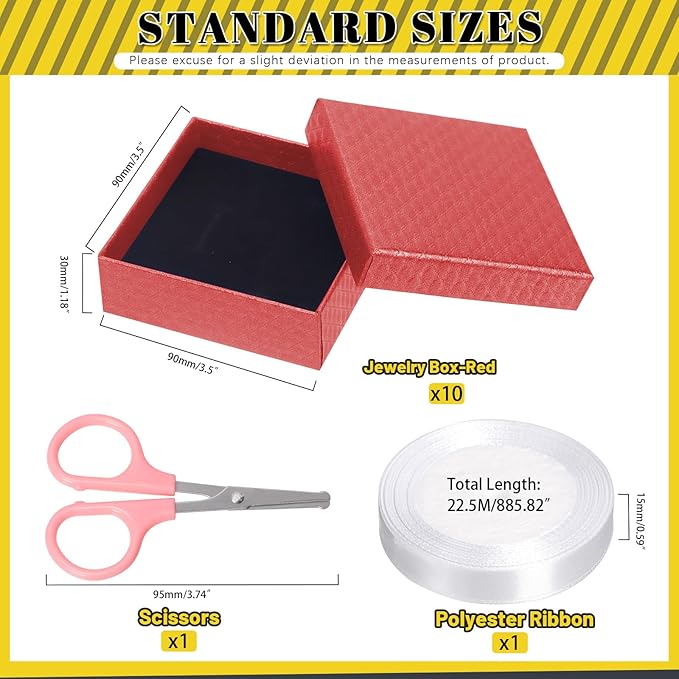 Glarks 12pcs Red 9 x 9 x 3CM Jewelry Gift Boxes with Pink Scissors and 1.5 x 225CM White Polyester Ribbon Set, Diamond Pattern Necklace Earring Bracelet Boxes Gift Case Ideal