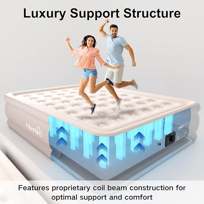 Queen Air Mattress with Built-in Pump, Air Bed with Portable Storage Bag, 18'' Blow up Mattress Suitable for Home and Guests, Top Flocking, 18" Queen Khaki