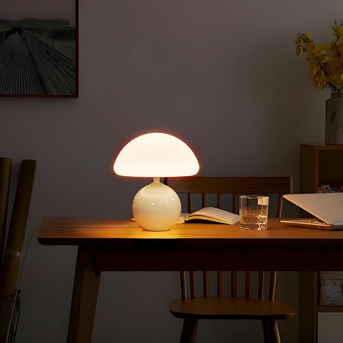 Ceramic Mushroom Lamp, Cute Mini Bedside Lamp for Aesthetic Room Decor, Dimmable Small Glass Night Light for Bedroom Living Room, Vintage Unique Table Lamp for Nightstand, White Mushroom Light