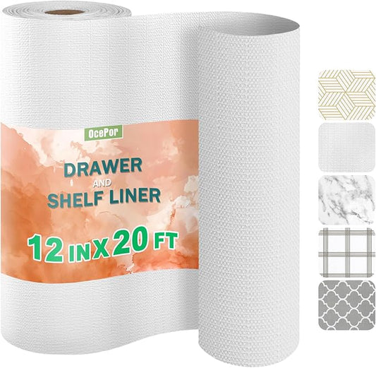 OcePor Non-Adhesive Drawer and Shelf Liner 12IN x 20FT, Non Slip Cabinet and Cupboard Liner, Kitchen Cabinet Liners for Shelves,Waterproof Drawer Shelf Liners for Cabinets/Bathroom Cupboard, White