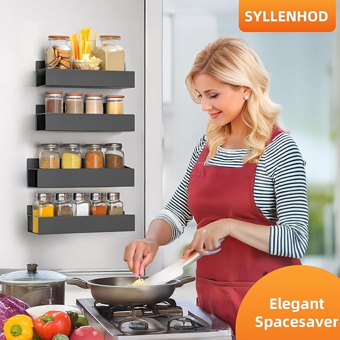 Spice Rack Wall Mount: 4 Packs Oversize Pantry Organization And Storage Rack Without Drilling - 11.8 Inch Black Large Adhesive Hanging Kitchen Spice Racks for Smooth Wall - Seasoning Rack