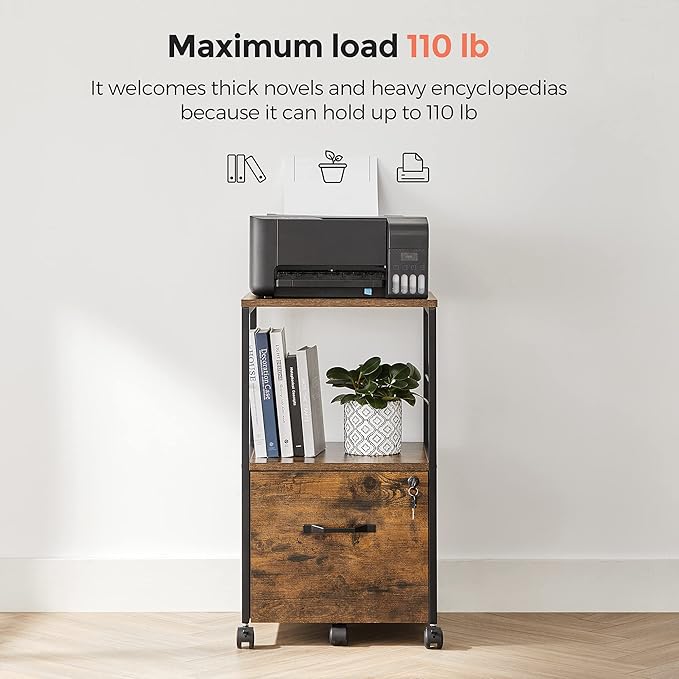 VASAGLE 1 Drawer File Cabinet with Lock, Printer Stand, Office Filing Cabinet Organizer, for A4 and Letter Size Documents, Rustic Brown and Black UOFC044B01