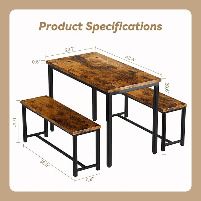 Recaceik Dining Table Set for 4 Kitchen Dining Room Set with 2 Dinner Benches, Farmhouse Breakfast Table for Apartment Small Space, Easy Assembly