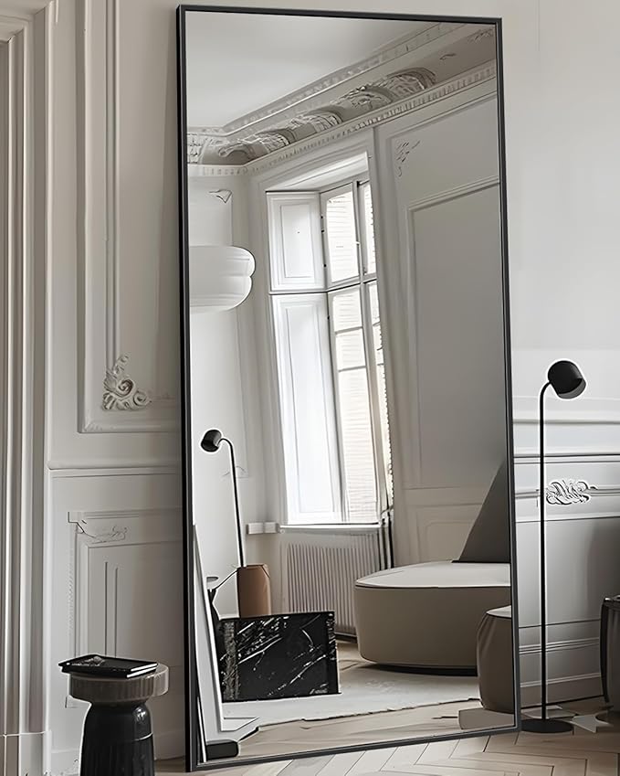Antok Full Length Mirror, 76"x34" Floor Mirror with Stand, Hanging Mounted Mirrors for Bedroom, Living Room, Cloakroom, Dining Room, Black, Rect