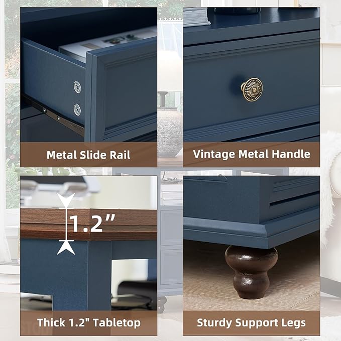 24" Wide Farmhouse Night Stand Set of 2,Large End Table with 2 Drawers & Metal Handle,Blue Wood Dresser for Bedroom, Bed Side Table Chest of Drawers Cabinet, Nightstand for Living Room,Closet