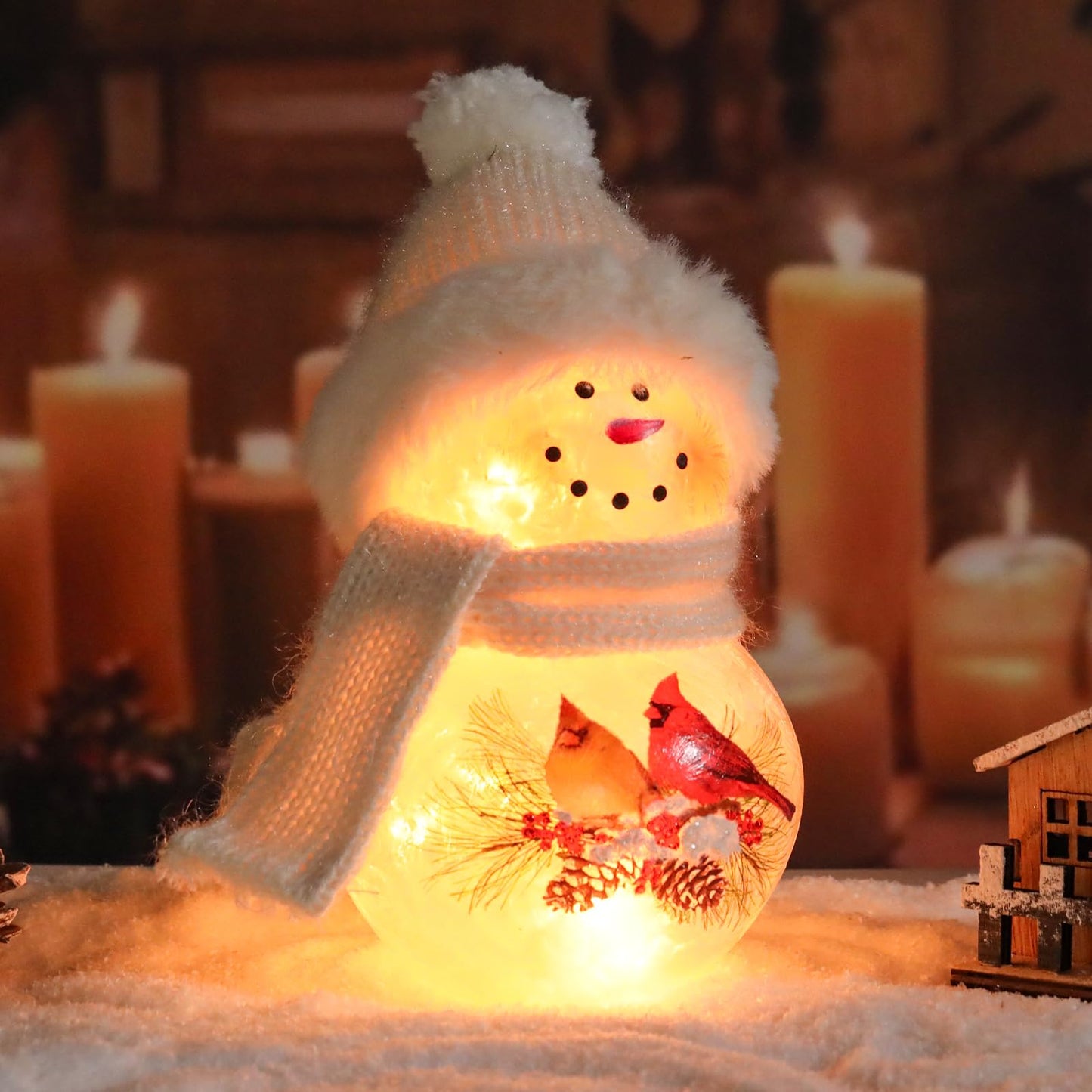 VCUTEKA Crackle Glass Snowman Lamp, Lighted Stained Glass Christmas Decoration with Red Cardinals, White Scarf and Hat, LED Holiday Night Light for Xmas Home Décor or Gift