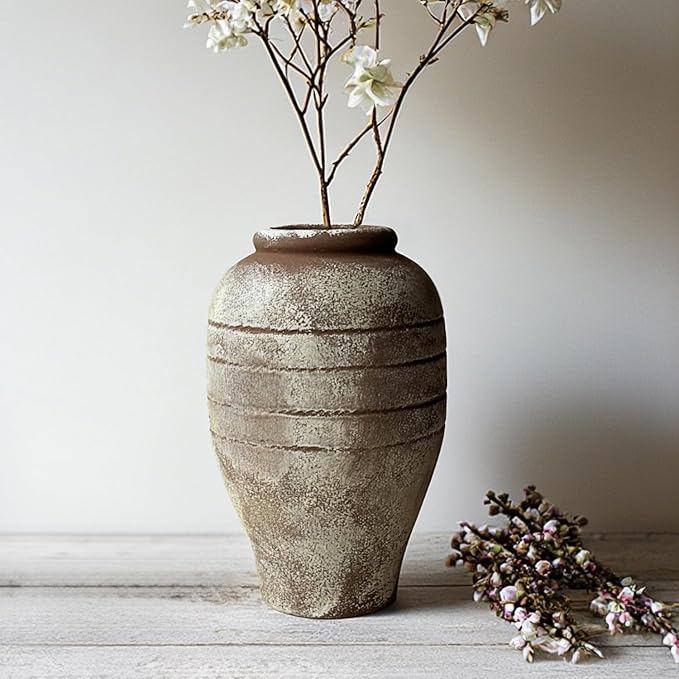 Antique Ceramic Flower Vase for Living Room Bedroom 9.06'' Farmhouse Decor for Bouquet Fake Plant Home Decor Office Table Shelf Fireplace Centerpieces Rustic Retro Vintage Classic Modern