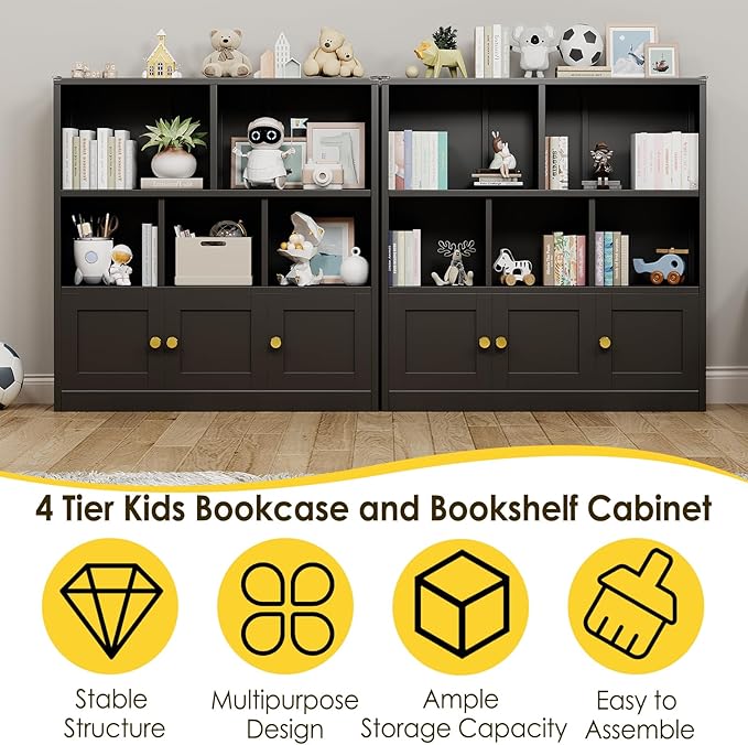 Toy Storage Organizer and Metal Kids Bookshelf with 3 Storage Cabinet and 5 Open Shelves, Multifunctional Display Shelf for Bedroom & Playroom, Ideal for Organizing Books, Toys & Decor, Black