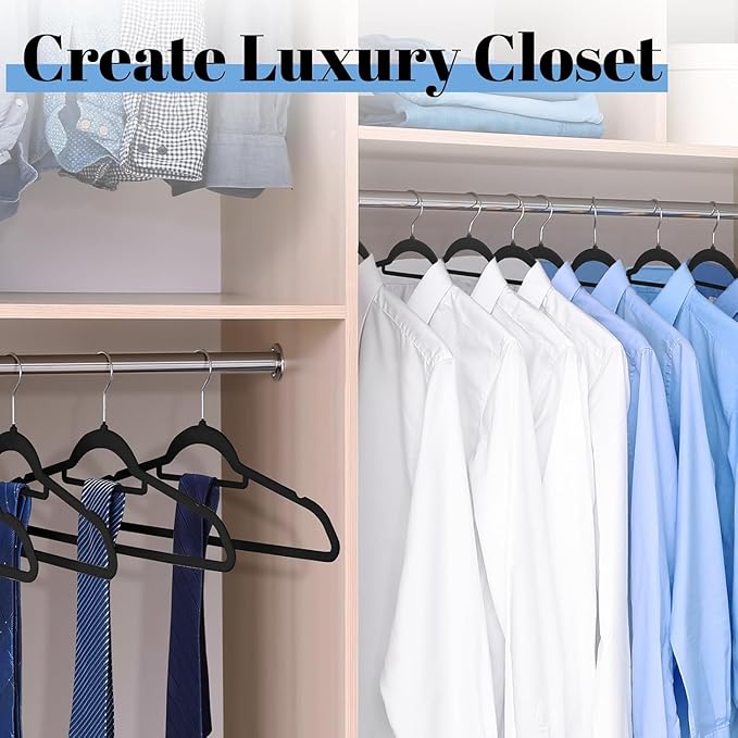 Smartor Black Velvet Hangers 20 Pack, Space Saving Clothes Hangers with Tie Bar, Non-Slip Felt Hanger with Shoulder Notches, Heavy Duty Suit Hanger for Coat, Shirt, Pants, Dress