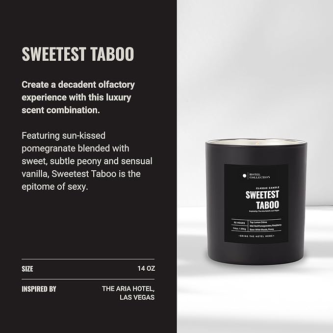 Hotel Collection - Sweetest Taboo Single Wick Classic Candle - Hotel Inpsired Luxury Candle - 90 - Hours Burn Time - Hints of White Woods, Pomegranate, and Peony - 14 oz - Black