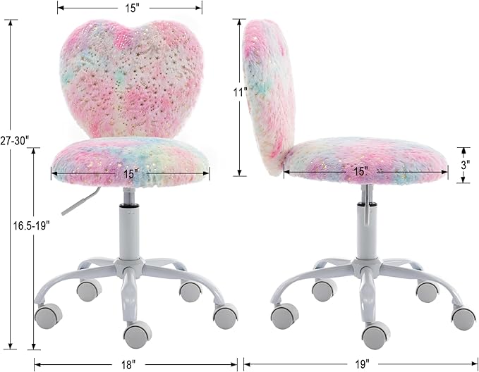 Kmax Kids Reading Chair, Rolling Cute Desk Chair for Girls Swivel Office Chair with Wheels & Heart Back Adjustable Childrens Vanity Chair for Bedroom Reading Room - Faux Fur, Colorful